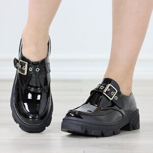 Chunky Penny Loafers Black Lug Sole Slip On Platform Patent Black Lace Up
